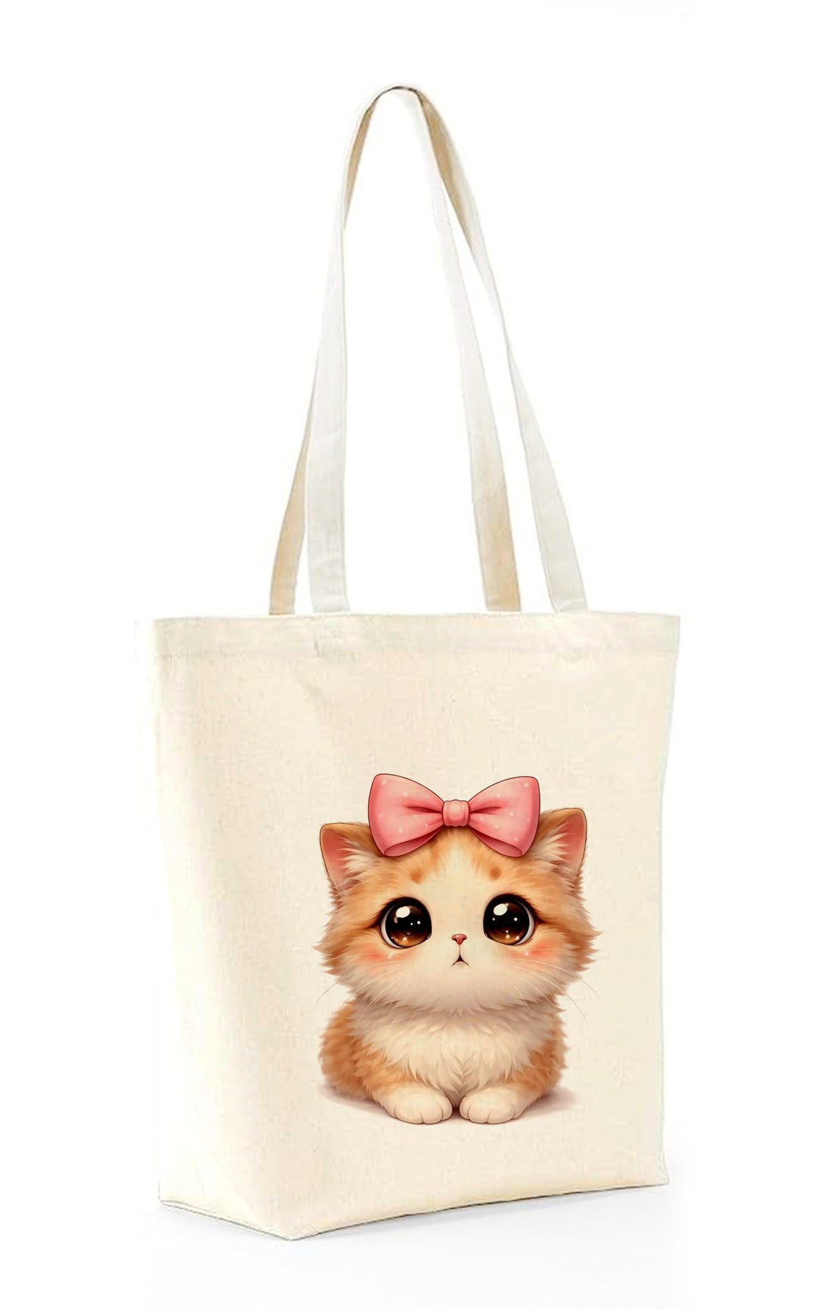 Heu Cute Cat Printed Canvas Tote Bag with Bow | Eco-Friendly Reusable Cotton Shoulder Bag | Aesthetic Cartoon Shopping Tote for Women & Girls