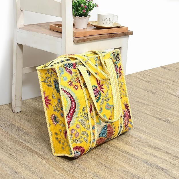 Yda fashion Handmade Quilted Cotton Tote Bag – Large Travel Shoulder Bag with Pockets, Lightweight & Durable – Stylish Printed Handbag for Daily uses (Pack of 2) (Multicolor1)