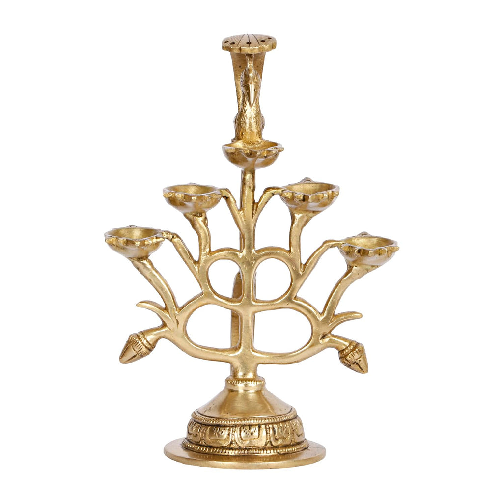 Artvarko™ Peacock Bird Design 5 Oil Wick Brass Diya Aarti Diya with Handle Decorative Puja Accessory, Camphor Burner lamp Aarti for Navratra, Diwali Gifts Home Decor 8.5 Inches.