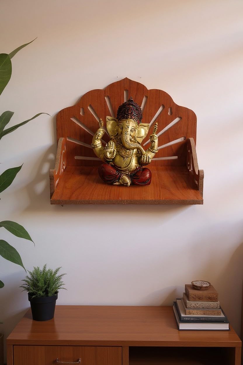 Premium Teak Wood Wall Mounted Pooja Mandir for Home | Wooden Temple with Sunray Laser Cut Design | Compact Wall Hanging Shelf for Idol, Diya & Prasad | Traditional Home Decor