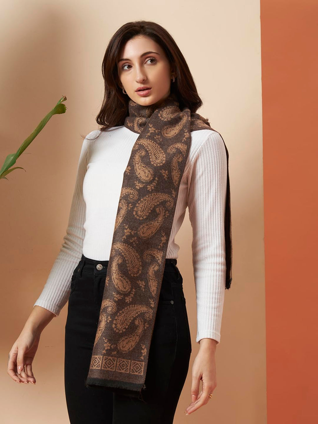 Ravaiyaa - Attitude is everything Women's Winter Warm Scarf Cashmere Reversible Wool Muffler Paisley Design (Brown Paisley)