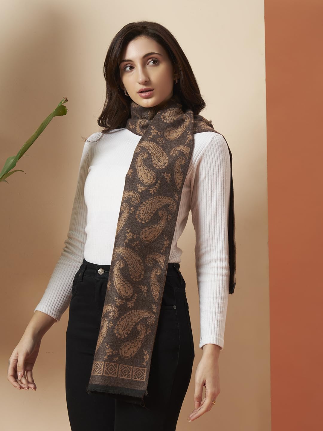 Ravaiyaa - Attitude is everything Women's Winter Warm Scarf Cashmere Reversible Wool Muffler Paisley Design (Brown Paisley)