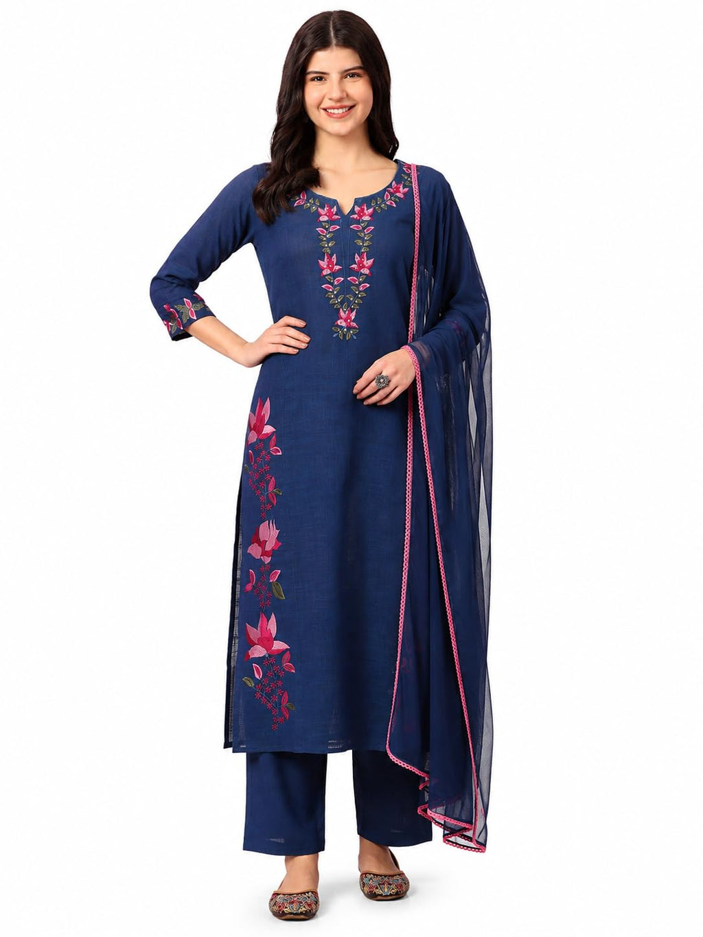 ETHNIFLAIR Women Blue Floral Embroidered Regular Aari Work Pure Cotton Kurta with Pant & Dupatta Set