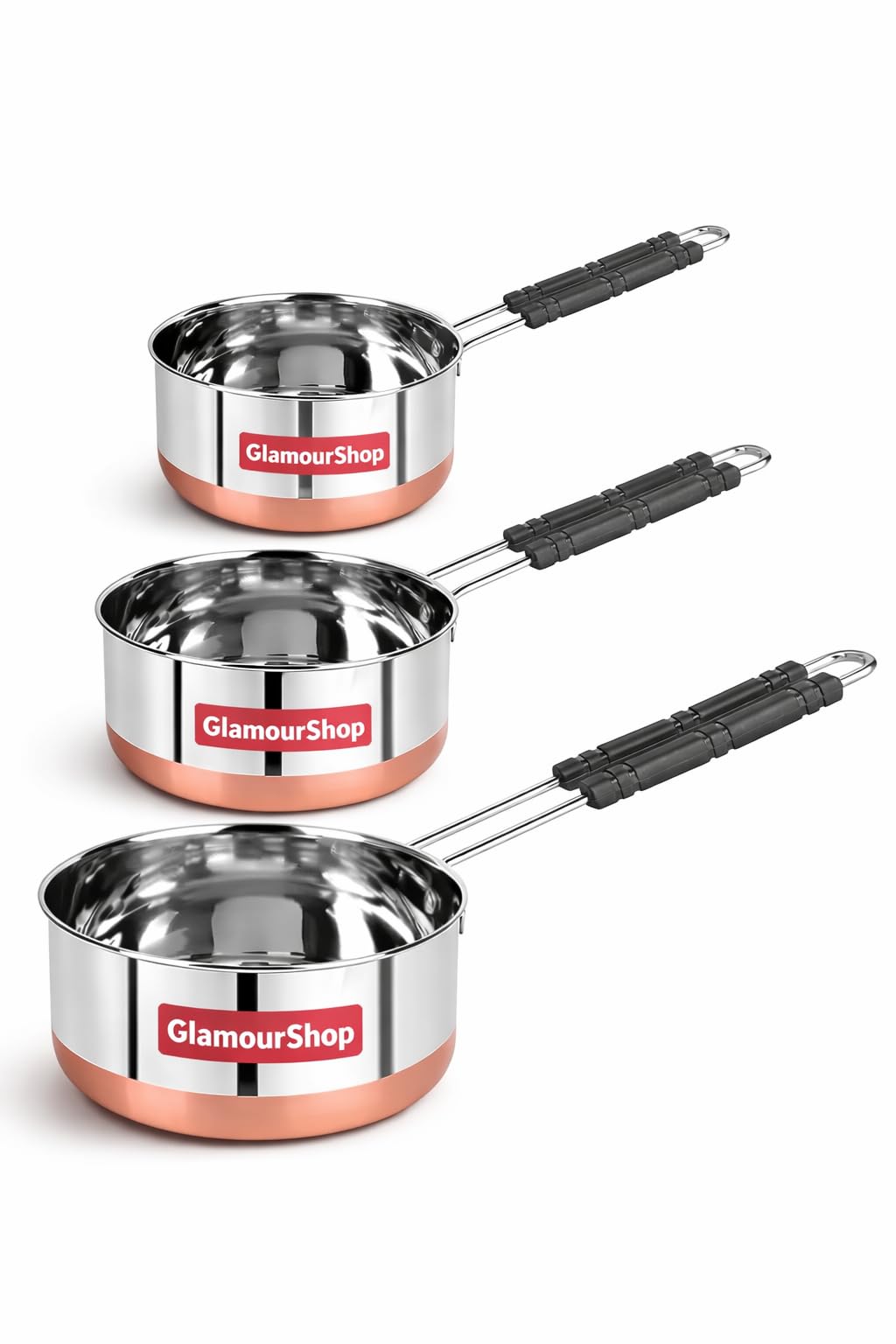 GlamourShop Stainless Steel Copper Base Stainless Steel Sauce Pan Set of 3 Sauce Pan Milk Pan Tapeli Patila Induction Base 2 Litre,1.5 Litre, 1 Litre Milk Boiler Cookware with Handle (3 Set Pan Set)