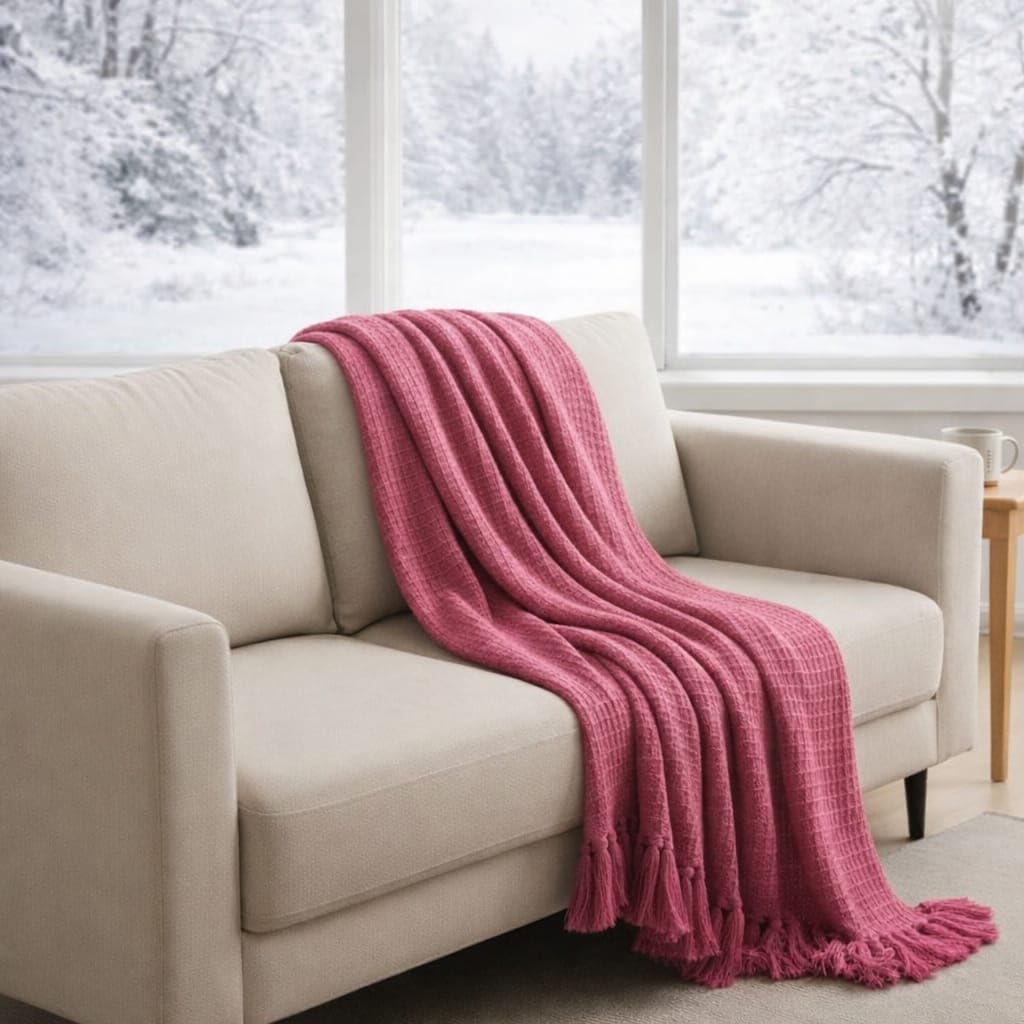 Tarantaran Waffle Weave Cotton Throw Blanket – Lightweight, Breathable & Cozy for Sofa or Bed (100% Cotton)(50X60 Inches) (Pink) Kafalo