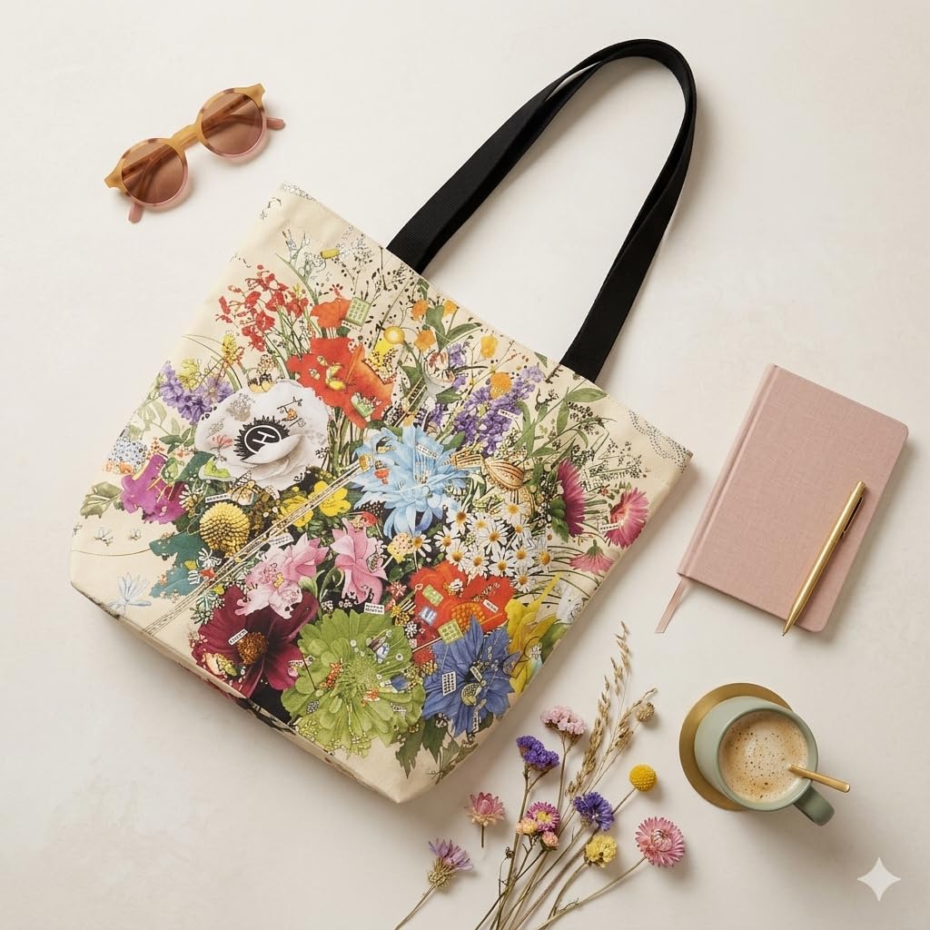 HOMELYA Large Cotton Canvas Zippered Tote Bag for Women | Reusable Eco-Friendly Shoulder Carry Bag | Spacious Shopping, Office & College Handbag | Durable MultiFlower Print Handbag