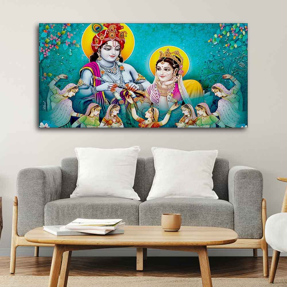 VIBECRAFTS Canvas Paintings for Living Room Drawing Room Beautiful Big Panoramic Radha Krishna Canvas Wall Painting Fitted with Wooden Frame for Home|Office|Gift(PTVCH_2258) (Multi 8)