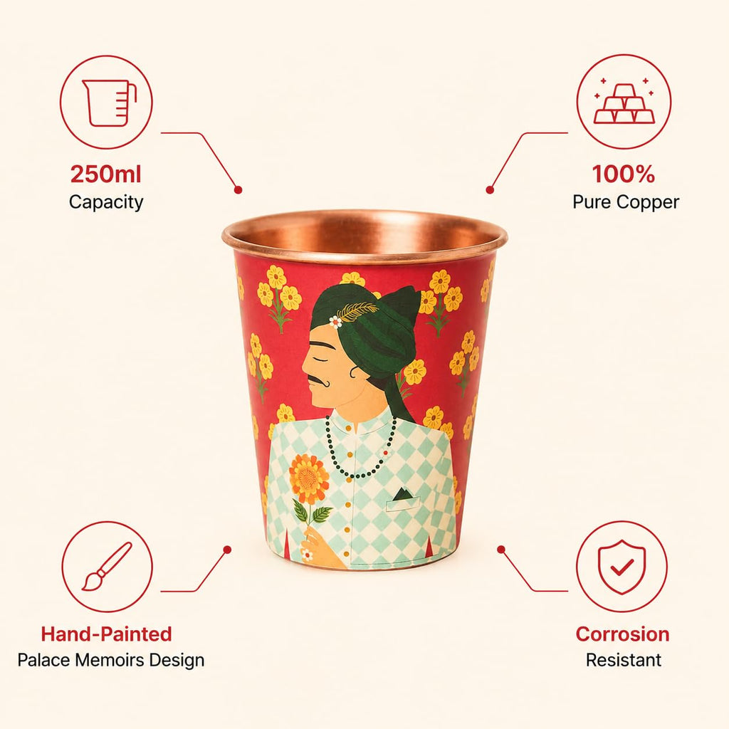 Chumbak Sawai Copper Tumbler, 250 ml Red Palace Memoirs Collection, Copper Brass Tumbler for Water Drinks Ayurveda, Handcrafted Festive Gift & Home Décor