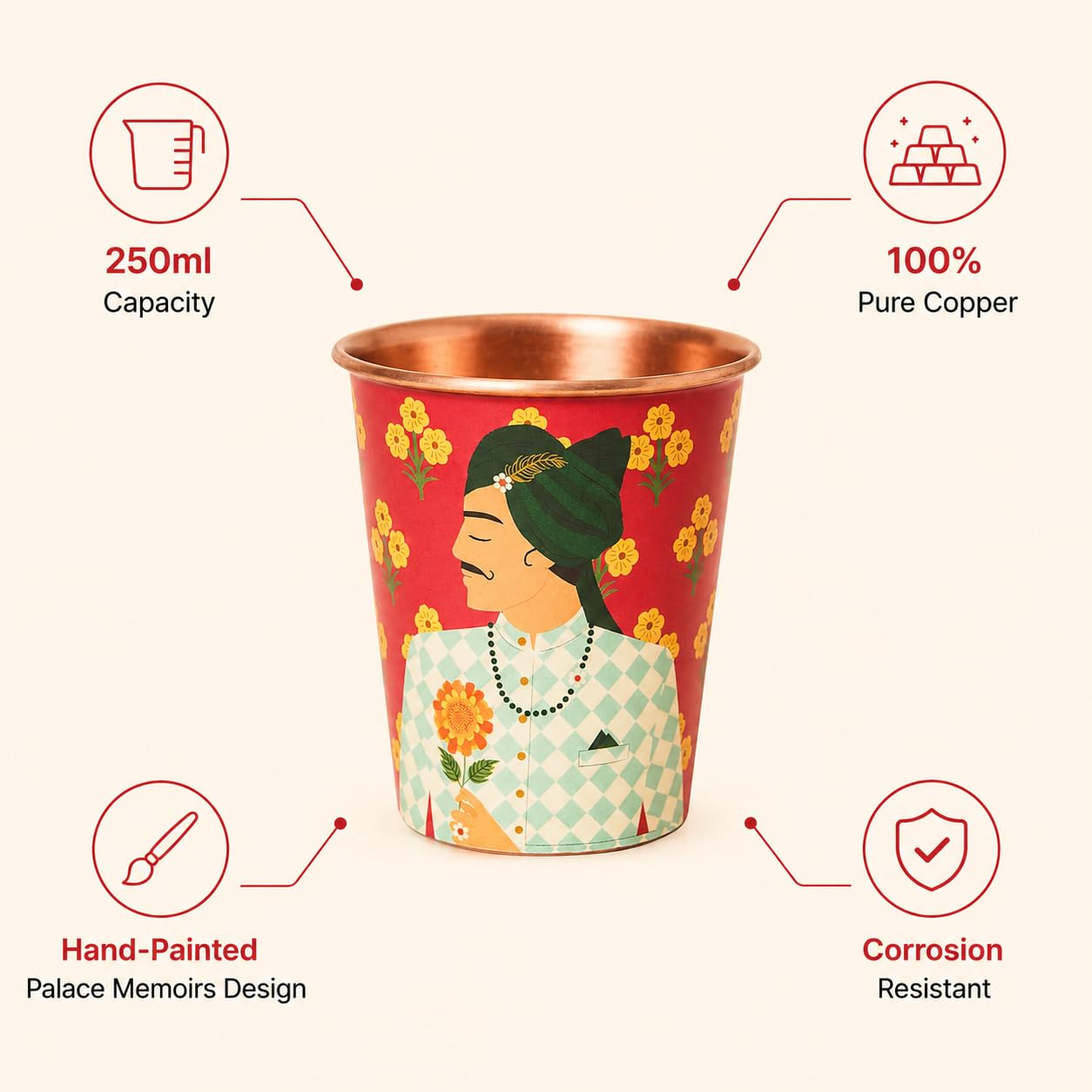 Chumbak Sawai Copper Tumbler, 250 ml Red Palace Memoirs Collection, Copper Brass Tumbler for Water Drinks Ayurveda, Handcrafted Festive Gift & Home Décor