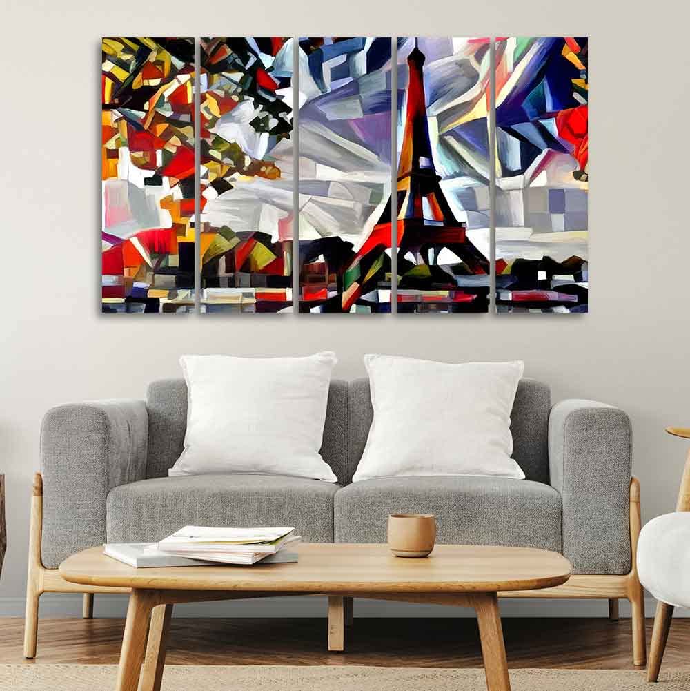 VIBECRAFTS Abstract Art Premium Canvas Five Pieces Painting of Eiffel Tower in Paris For Home|Office|Living Room|Gift (PTVC5Pcs4_8689)