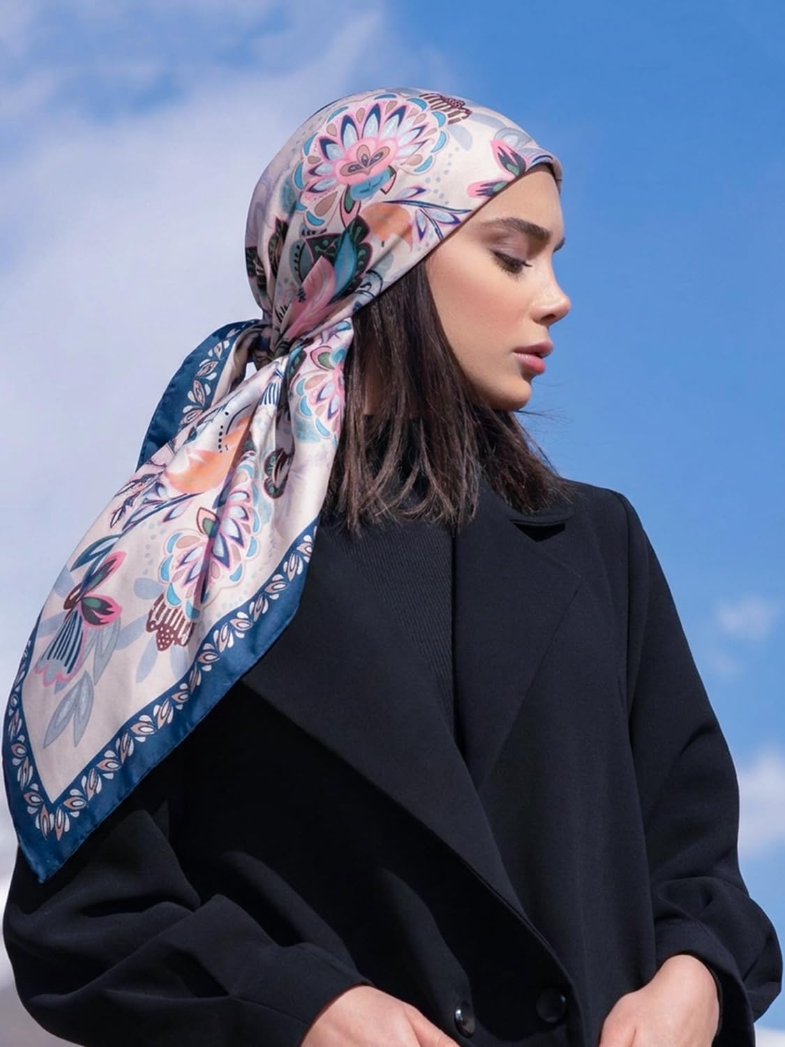leeza store Women's Silk Scarf For Women – Soft Cream Digital Printed Floral Folk Art, 40X40 Stylish Stole & Headscarf