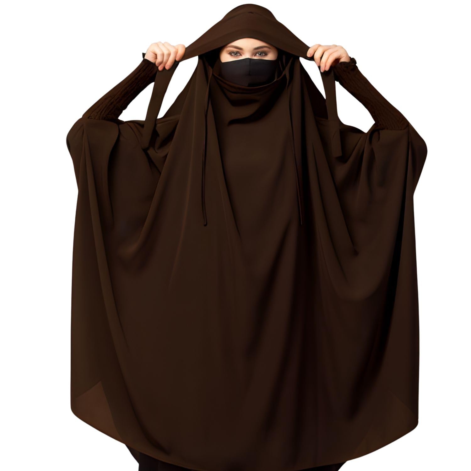 Bashariya Women’s Long Prayer Khimar Hijab with Mouth Piece – Full Coverage Islamic Modest Wear (Brown