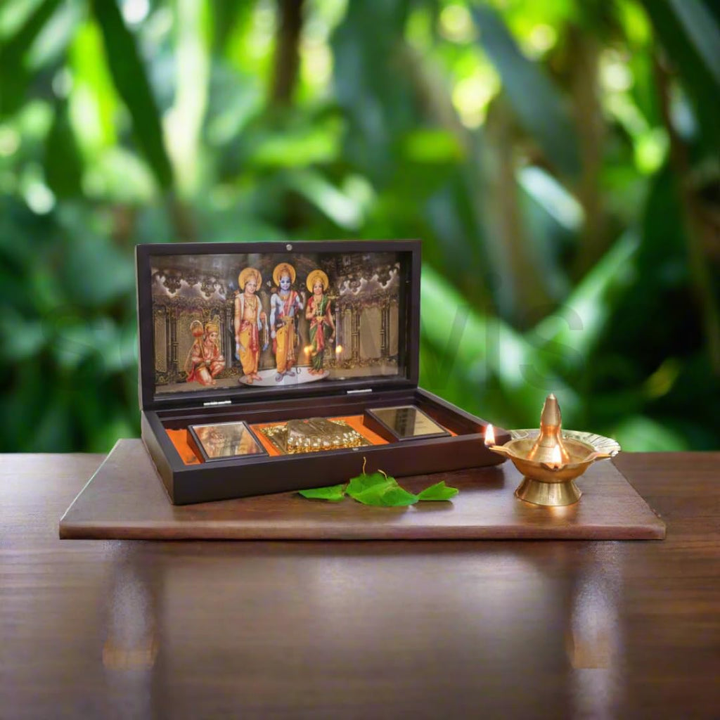 Soulwise Ram Darbar Pocket Temple Box with Charan Paduka & Ramayan Chaupai | Gold Plated Pooja Gift for Home, Office & Car (8 x 5 Inch) | Auspicious New Year & Religious Gift – Brown