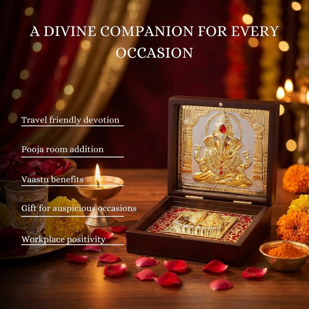House Of Wemy Gold Plated Lord Ganesh ji Pocket Temple for Pooja Room | Sri Ganesha Divine Pooja Boxes with Photo Frame & Charan Paduka | Diwali Gifting & Home Decor - (Medium) 4.5 Inch - Pack of 1