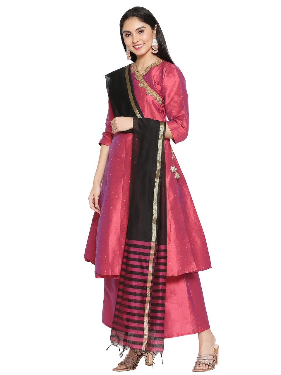 DUPATTA BAZAAR Women's Black & Red Striped Blended Silk Dupatta