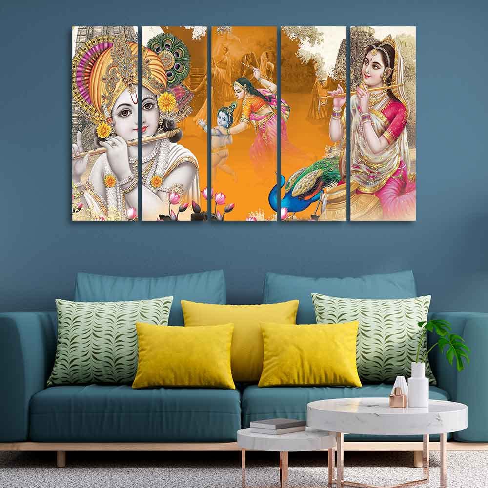 VIBECRAFTS Beautiful Radha Krishna Canvas Big Wall Painting Wall Art of Five Pieces For Home|Office|Living Room|Gift (PTVC5Pcs4_8724)