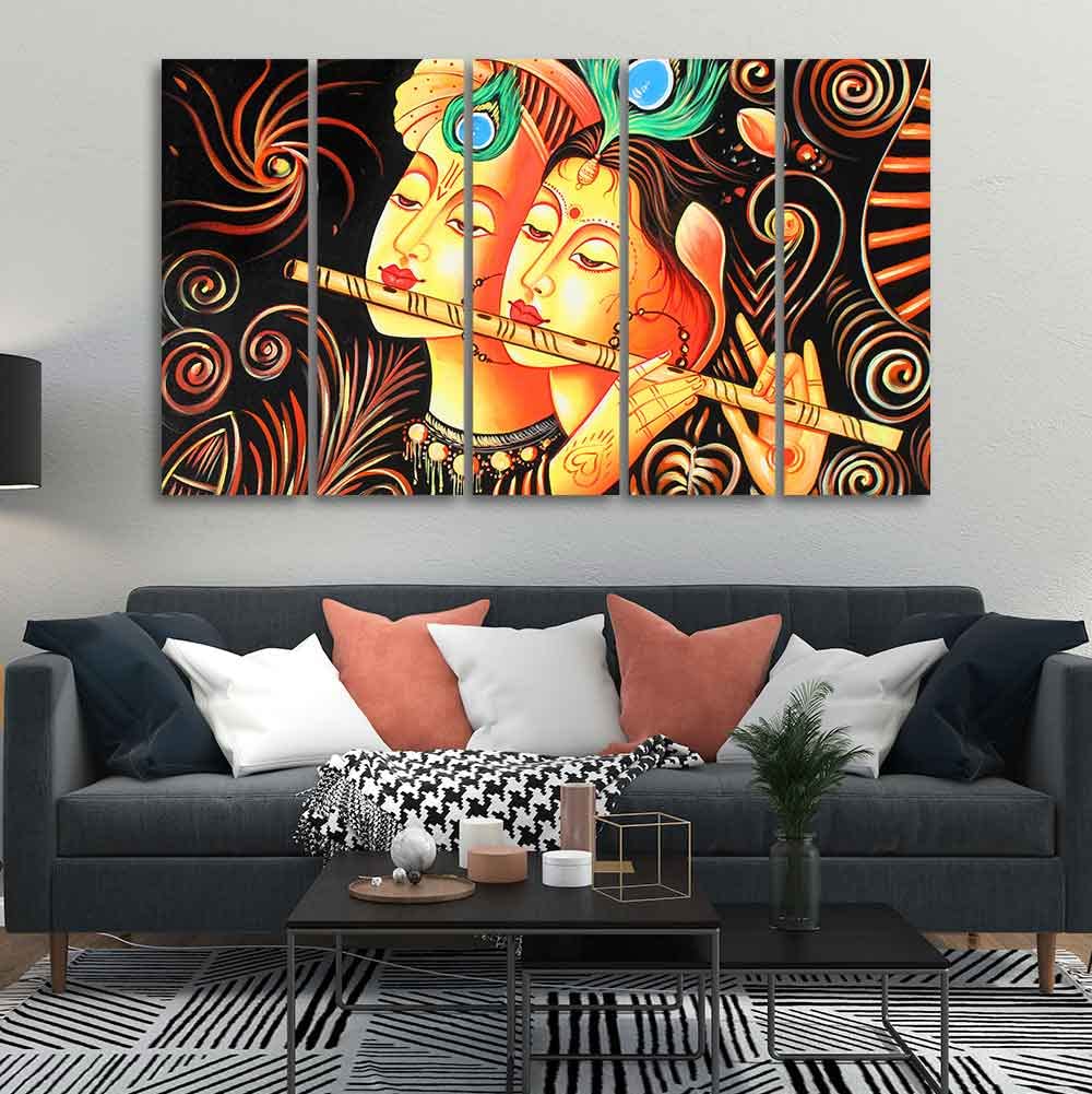VIBECRAFTS Radha Krishna with Flute Five Pieces Canvas Wall Painting For Home|Office|Living Room|Gift (PTVC5Pcs4_8708)