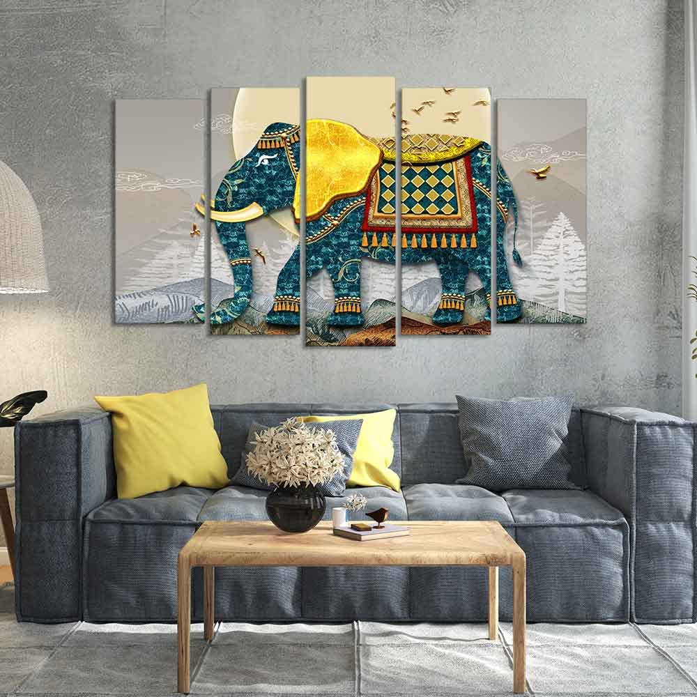 VIBECRAFTS Royal Elephant With Golden Tusks Canvas Wall Painting of Five Pieces For Home|Office|Living Room|Gift (PTVC5Pcs2_6629)