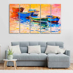 VIBECRAFTS Boats And Sunset 5 Pieces Canvas Wall Painting For Home | Office | Living Room | Gift (PTVC5Pcs4_8519)
