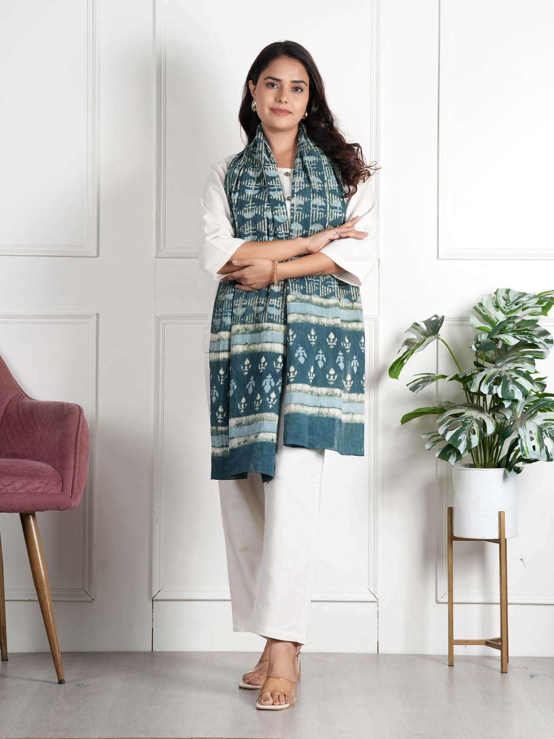 RAI SAHAB Printed Cotton Scarf for Women, Lightweight Soft Scarves Stoles for Summer & Winter(ST-99GRN10)