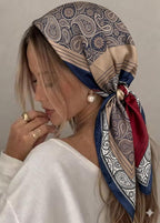 Etietnic Satin Square Head Scarf for Women,RED&GREY Printed