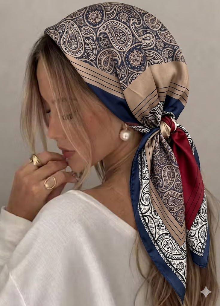 Etietnic Satin Square Head Scarf for Women,RED&GREY Printed