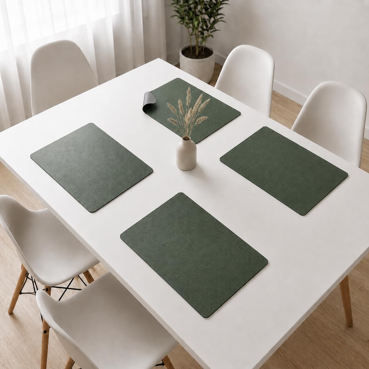 The Table Tales Premium Double-Sided PU Leather Placemat Set of 4 | Reversible Waterproof Heat Resistant Table Mats | Kitchen Dining Accessories | 45 x 30 cm (Dark Green & Grey) Kafalo