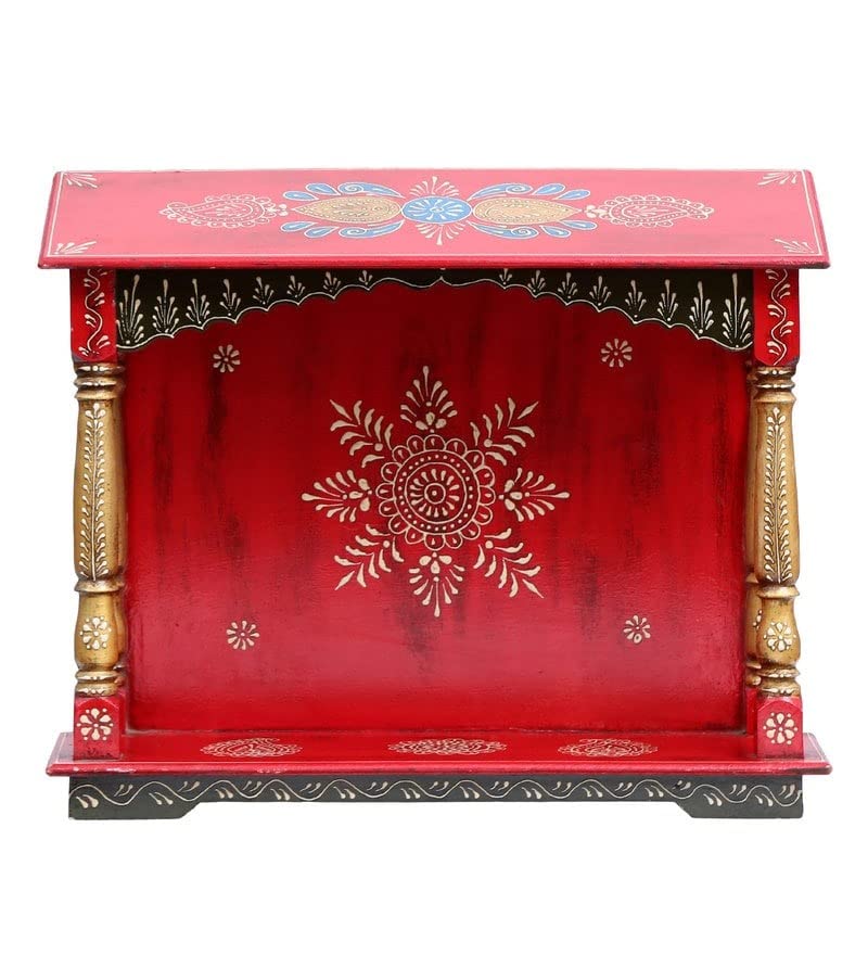 CRAFT TREE Multicolour Neem Wood Pooja Mandir Without Door Wooden Furniture for Pooja Room | Pooja Mandap | Solid Wooden Pooja Mandir for Puja Room | Color- Red