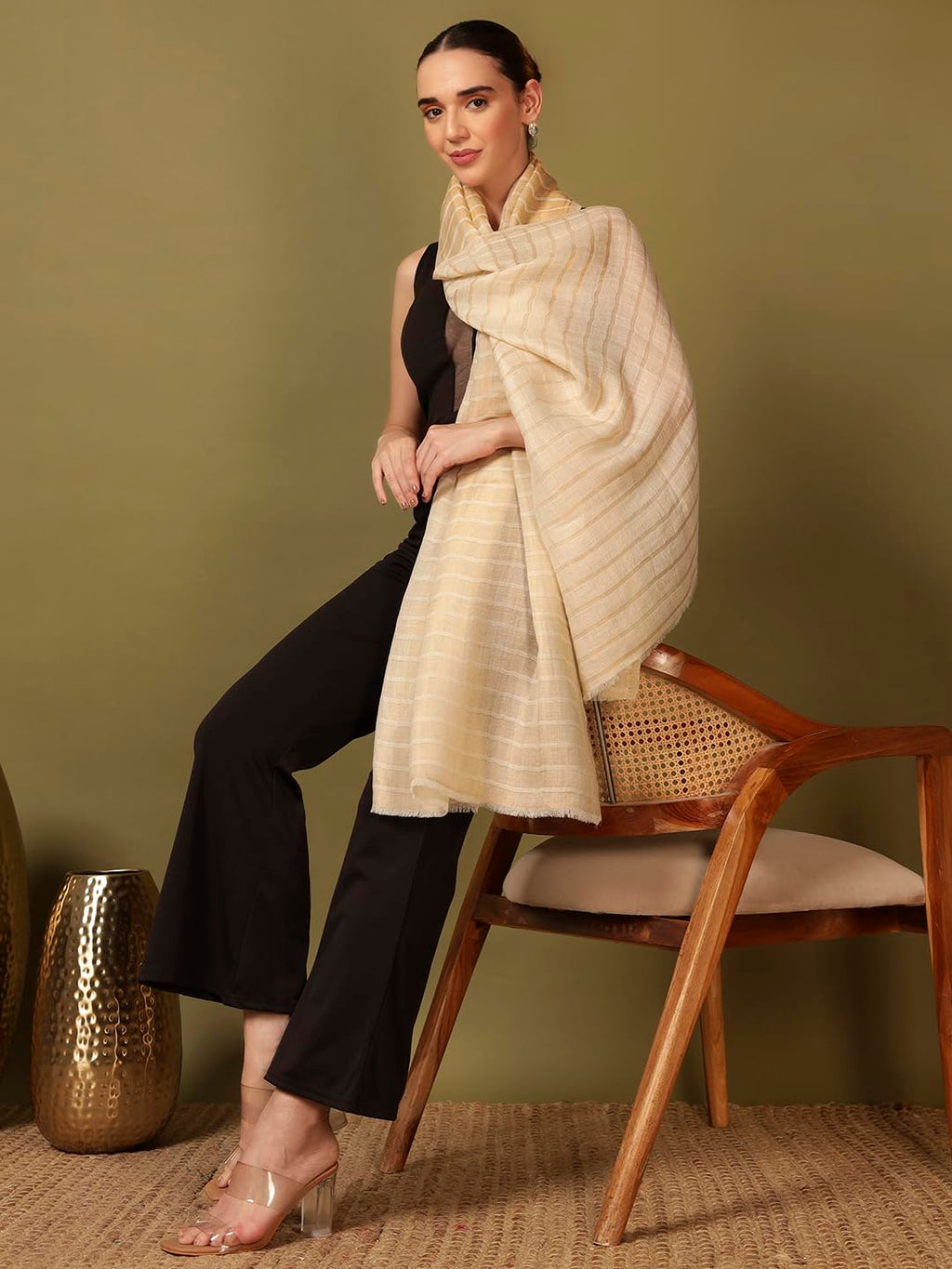 Pashmoda Women Golden Mirage Reversible Zari Moonlight Fine Wool Stole (Size : 28x80in, 71X203cm) ZSST05