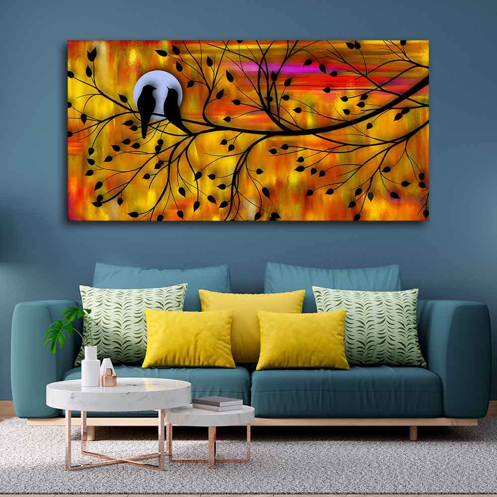 VIBECRAFTS Canvas Paintings for Living Room Drawing Room Bird Couple On Tree Canvas Wall Painting Fitted With Wooden Frame For Home | Office | Living Room | Gift (PTVCH_2474)