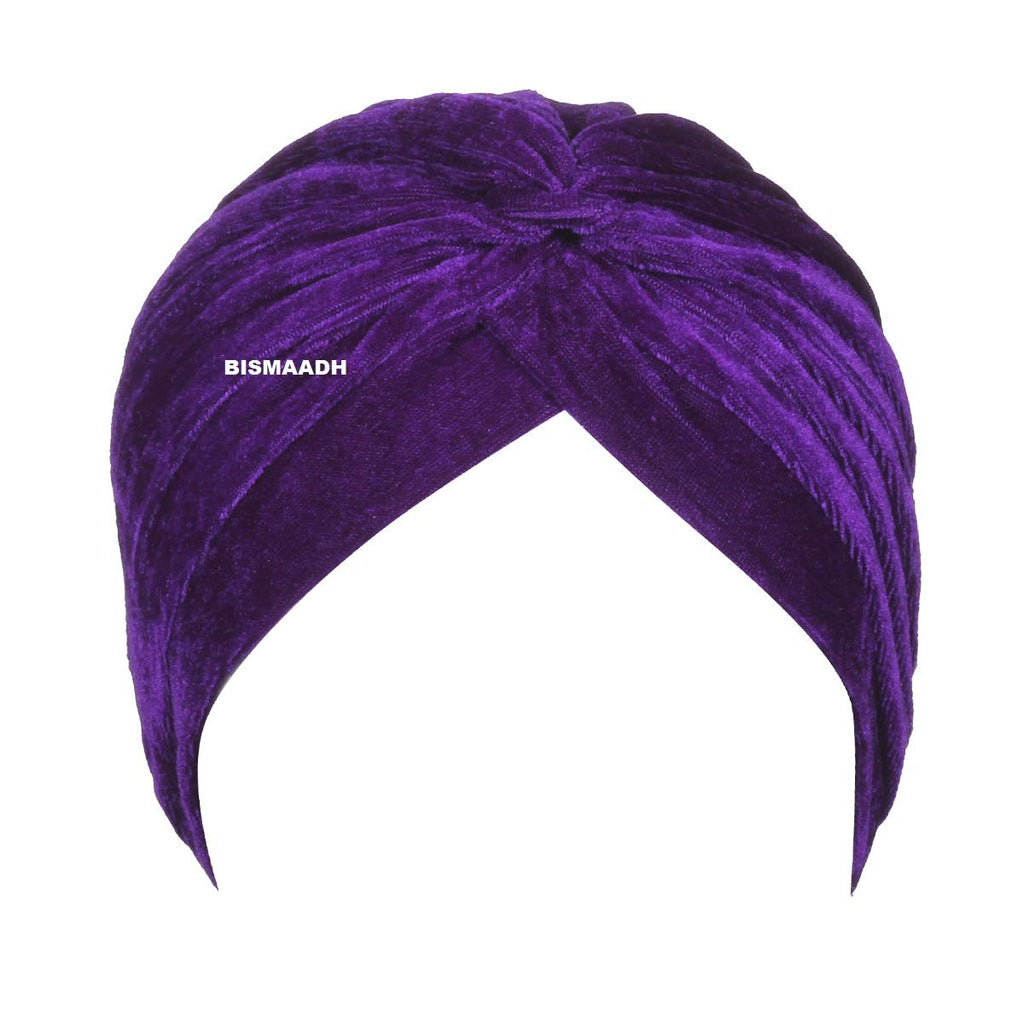 BISMAADH Velvet Soft Pleated Pre Tied Knot Readymade Turban/Pagri Head Wraps for Men & Women Purple