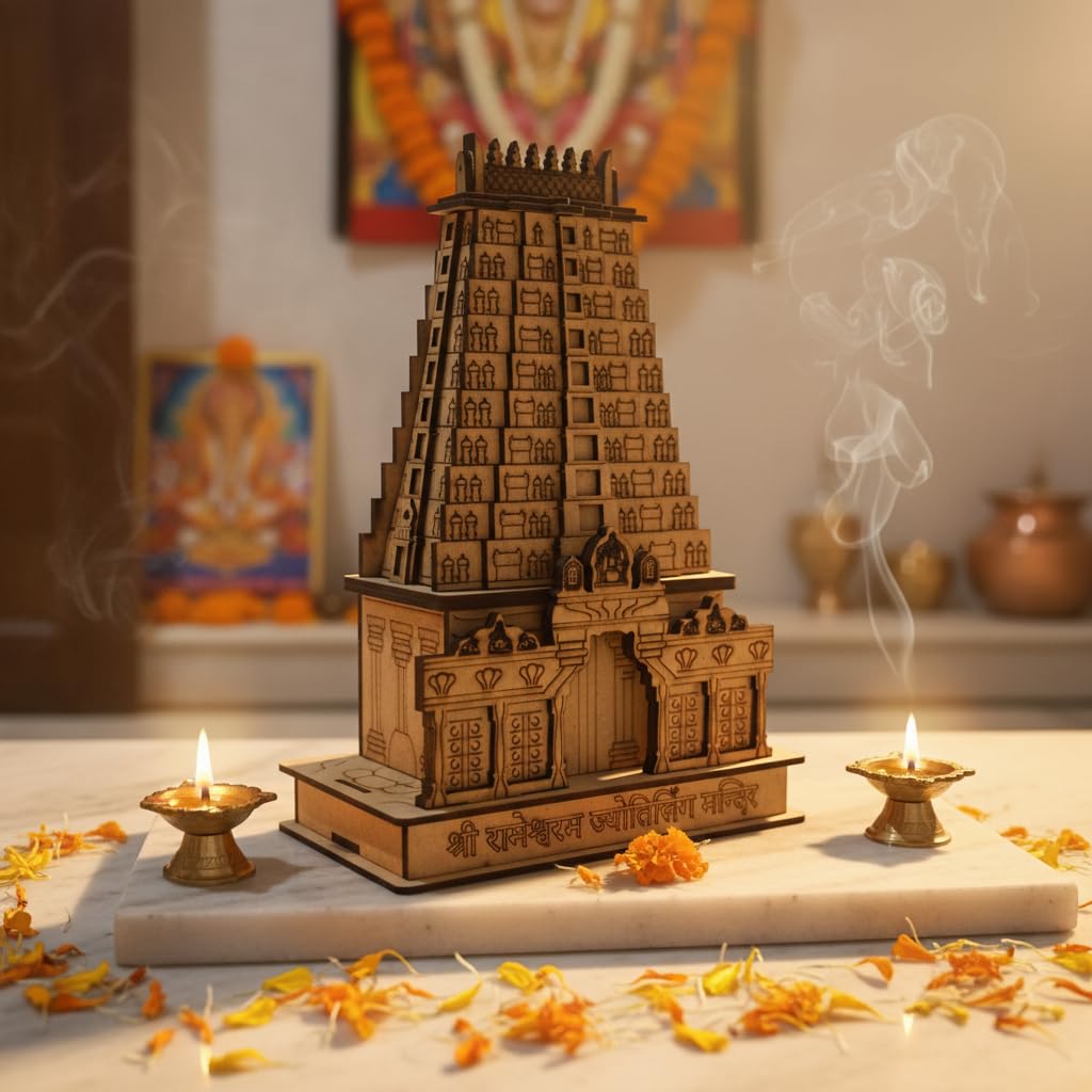 YOGMAYA Wooden Rameshwaram Temple 3D Model – 10 Inch Decorative Handcrafted Temple Replica for Home Decor & Gift