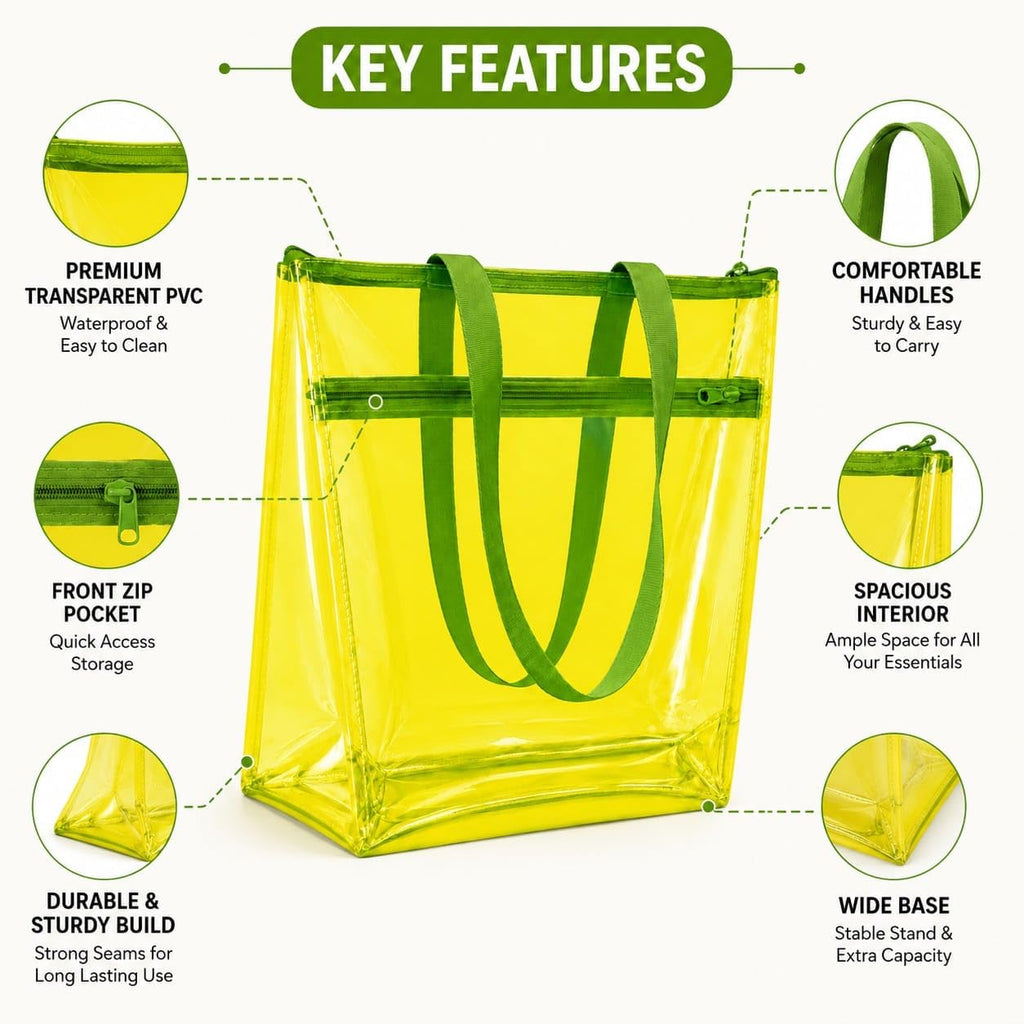 TERA 13 Transparent Tote Bag For Women & Girls, Clean PVC Shoulder Handbag, Waterproof Reusable Shopping Bag, Beach Bag, Travel Tote,Large Capacity Zipper Closure, Everyday Carry Bag (1 Pcs)