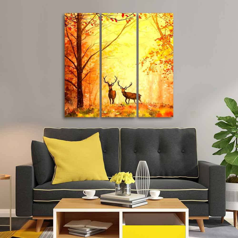 VibeCrafts 3 Pieces Beautiful Forest Deer Canvas Wall Painting Fitted With Wooden Frame For Home | Office | Living Room | Gifts (PTVC3Pcs1_9518)