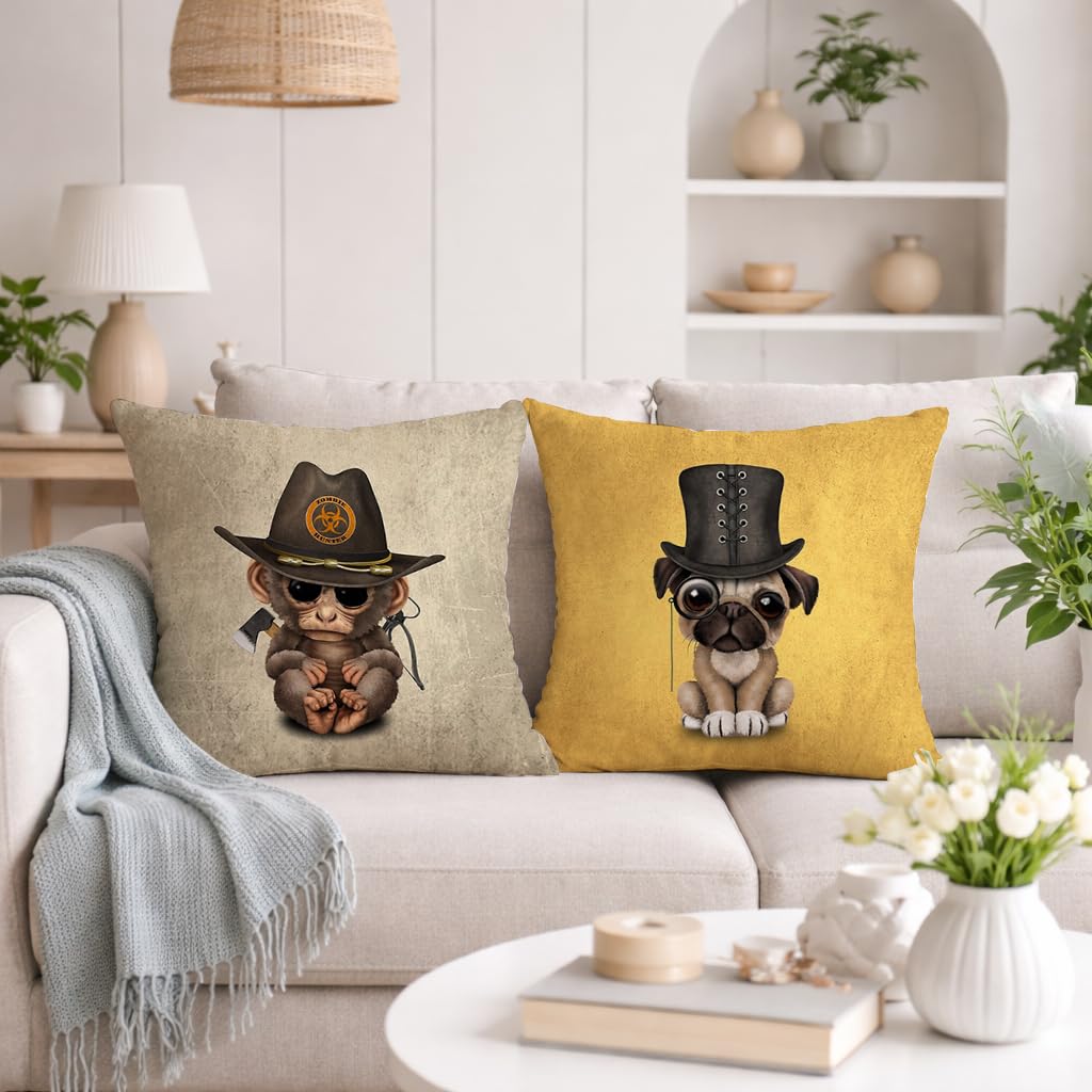 STITCHNEST Set of 2 Funky Friends Collection Printed Jute Cushion Covers 24x24 Inches | Decorative Throw Pillow Covers for Sofa, Living Room, Bedroom | Perfect for Home Decor