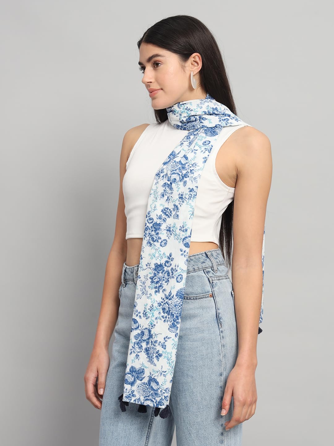 Ravaiyaa - Attitude is everything Women White & Blue Hand Block Floral Printed Cotton Tasseled Scarf 71 X 21 Inch
