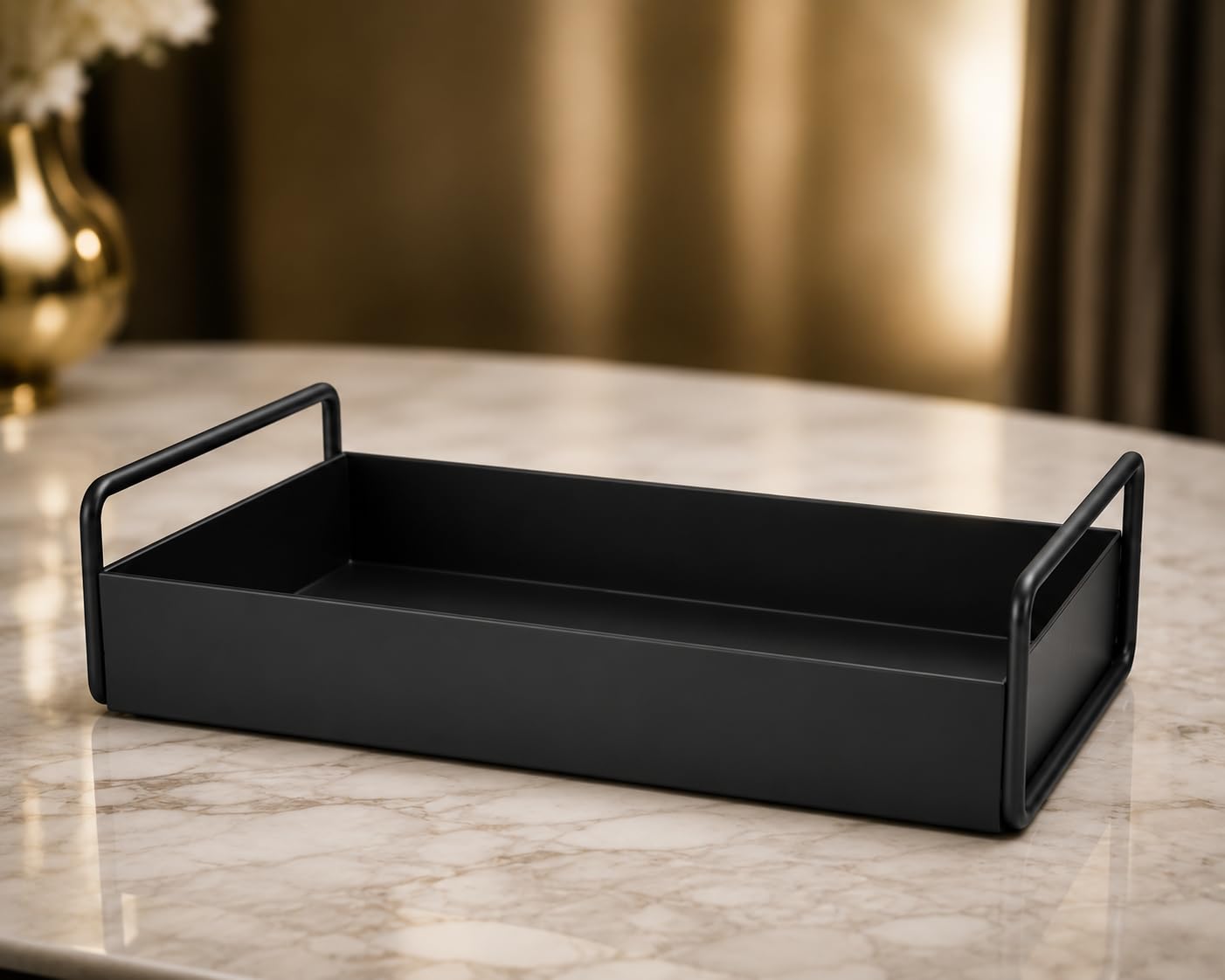 Metal Serving Tray with Handles, Decorative Rectangle Tray for Coffee Table, Breakfast, Tea, Food Serving, Kitchen Countertop, Vanity & Home Décor Organizer