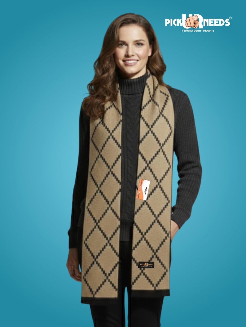 Pick Ur Needs Premium Winter Woolen Scarf for Women Designer Checkered Warm Muffler Soft, Stylish & Cozy Cold Weather Wrap (Brown)