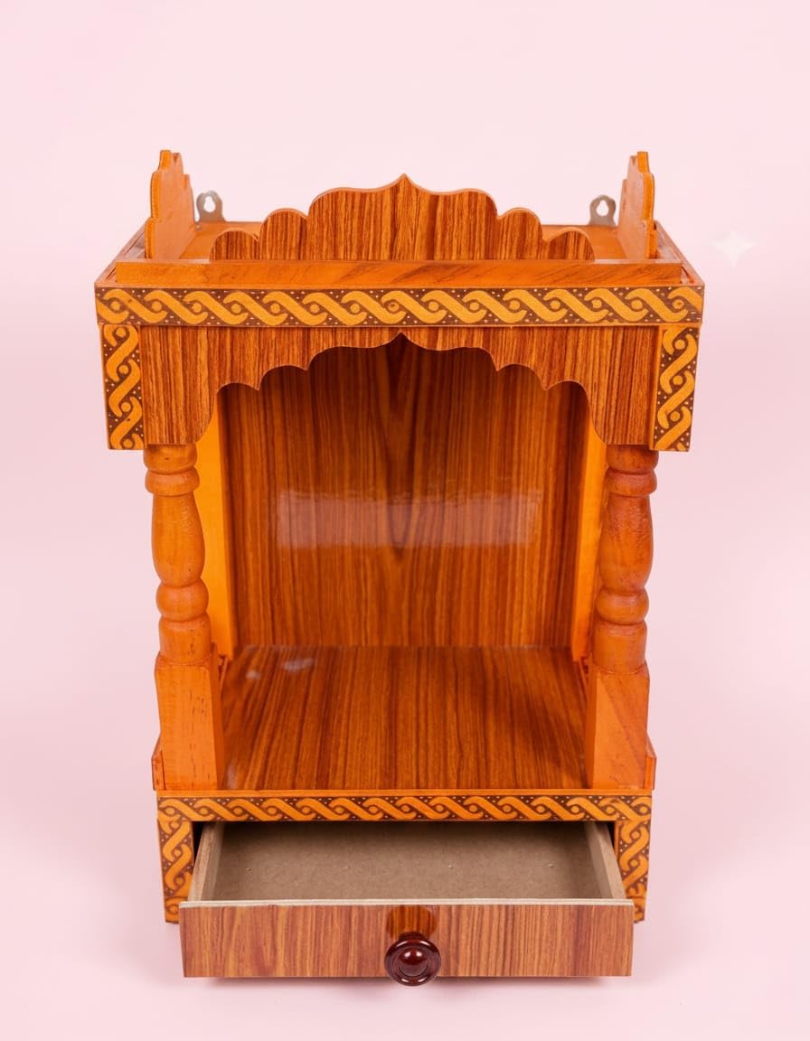 Wooden Home Temple Mandir for Wall & Tabletop | Pooja Mandir with Drawer | Traditional Pooja Mandap for Home Décor (32 x 22 x 45 cm)