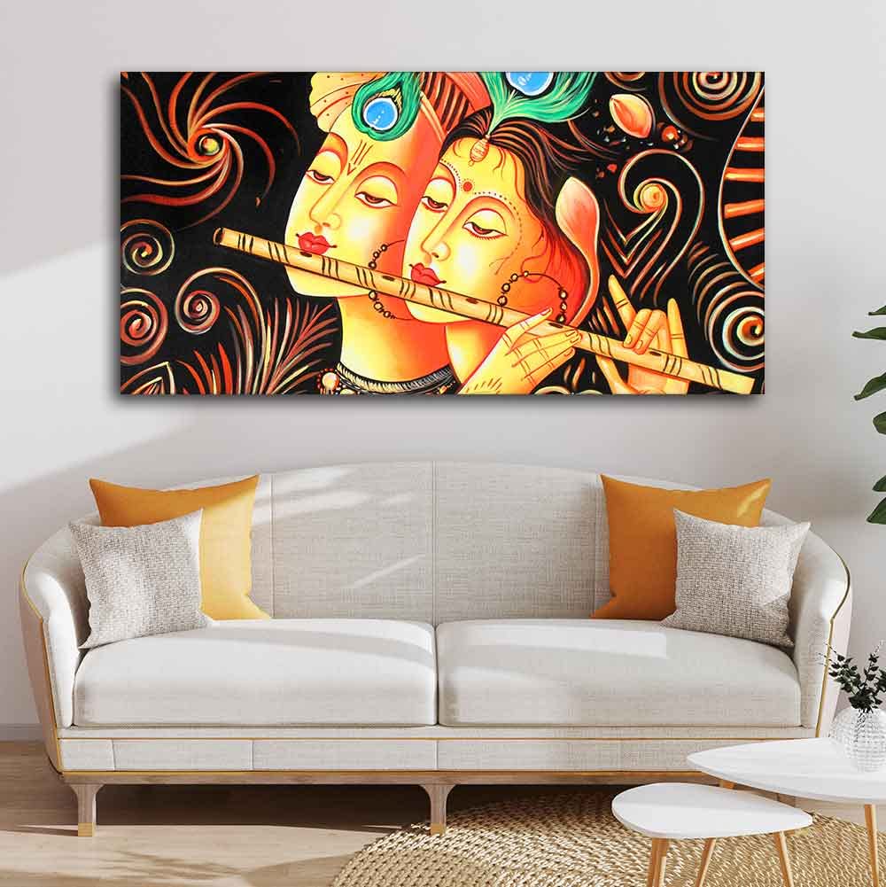 VIBECRAFTS Canvas Paintings for Living Room Drawing Room Radha Krishna with Flute Canvas Big Wall Painting Wall Art Fitted with Wooden Frame for Home|Office|Gift(PTVCH_2241N)