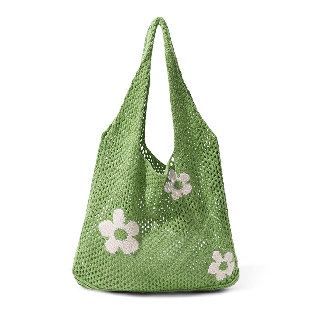 PALAY Crochet Tote Bag Floral Hollow Out Shoulder Green for Beach Days