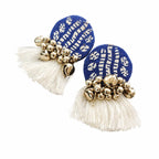 Handmade Blue & White Tassel Earrings for Women | Boho Ethnic Statement Earrings with silver beads, Artisan Crafted, Unique Style, Handcrafted Jewellery for Women