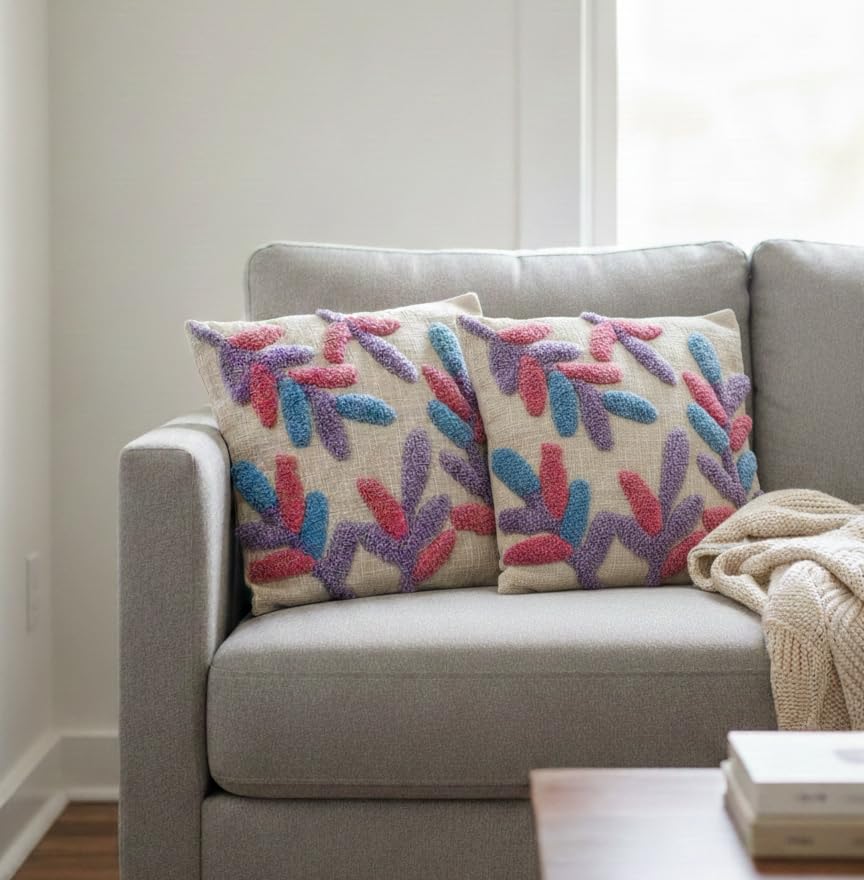 Furnistitchs Premium Decorative Throw Cushion Pillow Cover Boho Home Decor - Living Room Bedroom Couch Sofa Cushion Covers 16 inch x 16 inch (2, Purple Leaves)