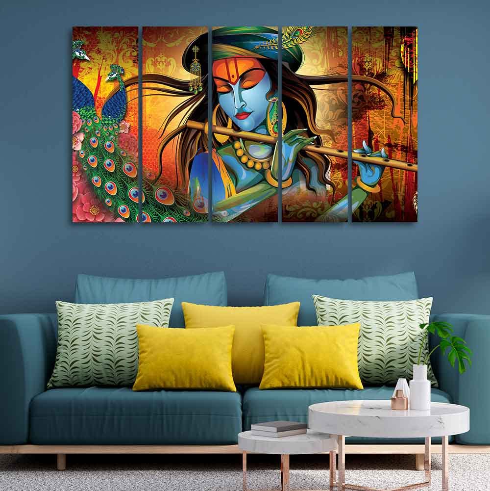 VIBECRAFTS Classic Krishna Premium Wall Painting of Five Pieces For Home|Office|Living Room|Gift (PTVC5Pcs4_8712)