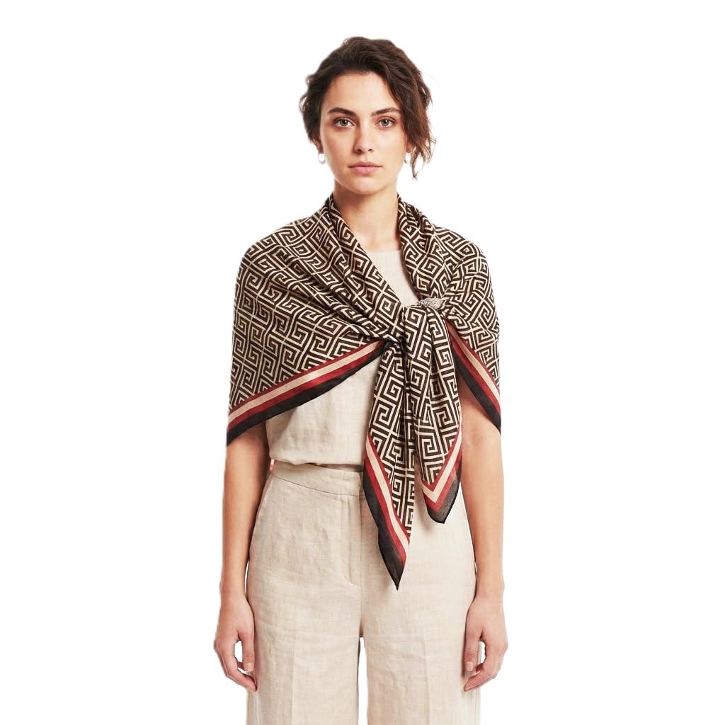 Alexvyan Satin Silk Summer Scarves 180 x 84 cm, Greca Pattern with Stitched Border, Lightweight Fashion Scarf for Women Sun Protection Stole