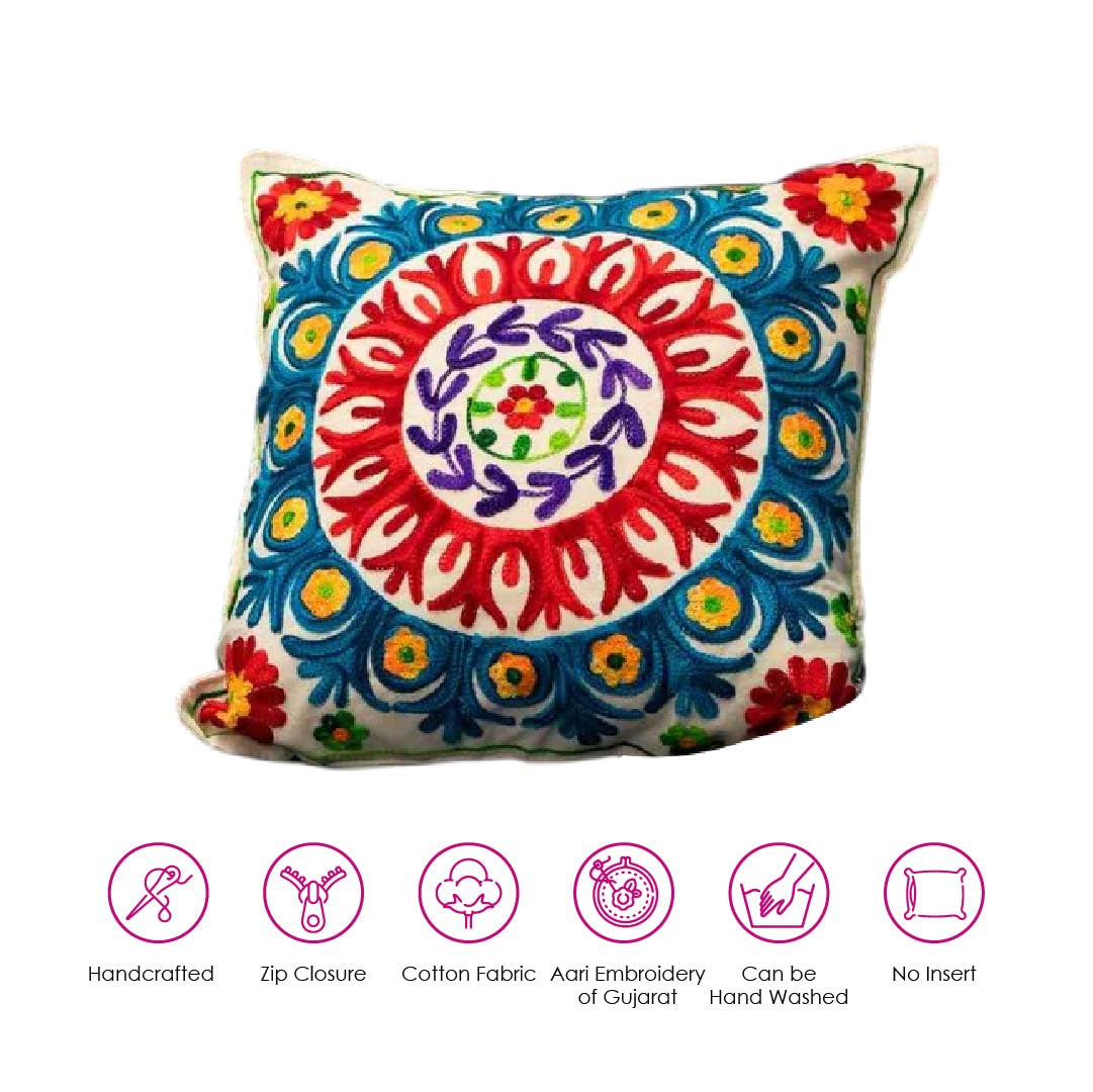 ATRANGI STUDIO Embroidered Cushion Covers - Set of 2 | Traditional Aari Embroidery | Threadwork Throw Pillow Covers with Zip Closure | Perfect for Sofa, Bed, Chair | 16x16 Inch, Multicolor