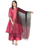DUPATTA BAZAAR Women's Black & Red Striped Blended Silk Dupatta