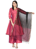 DUPATTA BAZAAR Women's Black & Red Striped Blended Silk Dupatta
