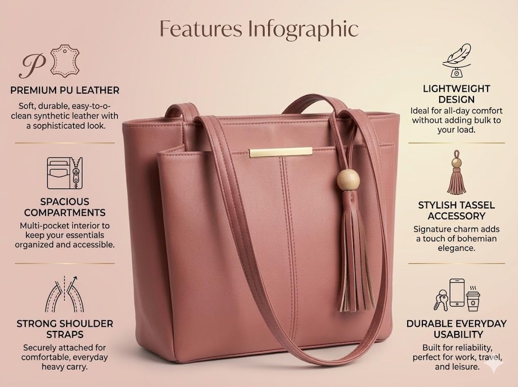 PAVILONN Women Tote Bag Ladies Handbag Shoulder Office Shopping Work Laptop PU Leather Brown Travel College Daily Use Designer Large Stylish Fashion Zipper Commuter Gift (PINK)