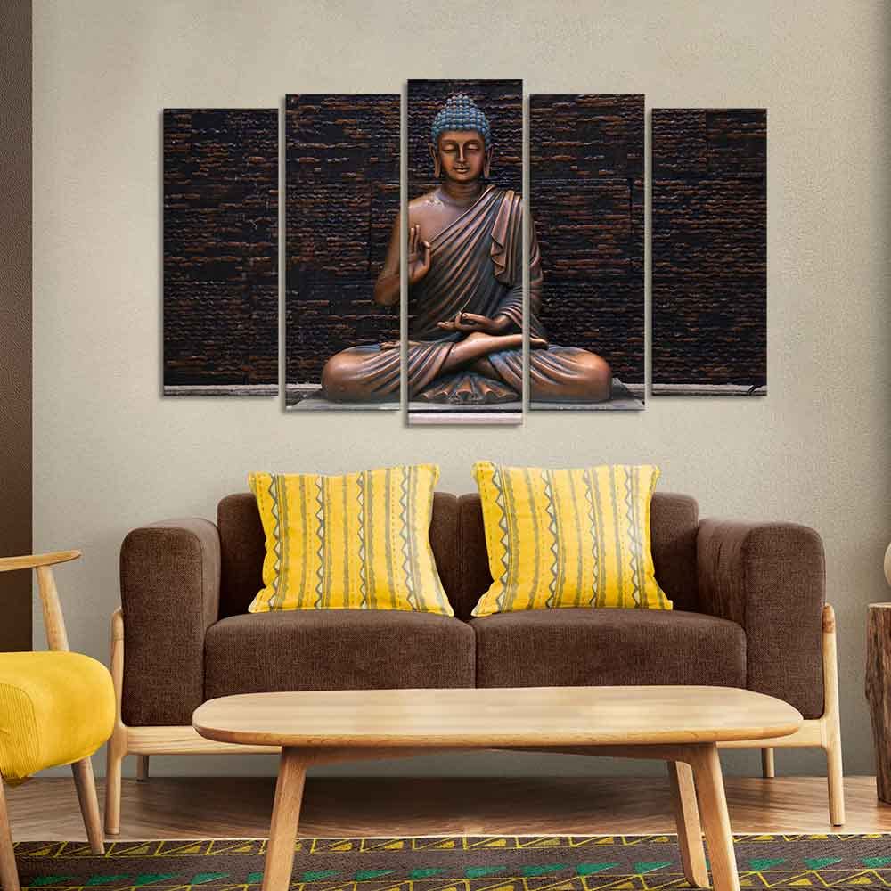 VIBECRAFTS Buddha Meditating Statue Canvas Wall Painting Set of Five For Home|Office|Living Room|Gift (PTVC5Pcs2_6553)